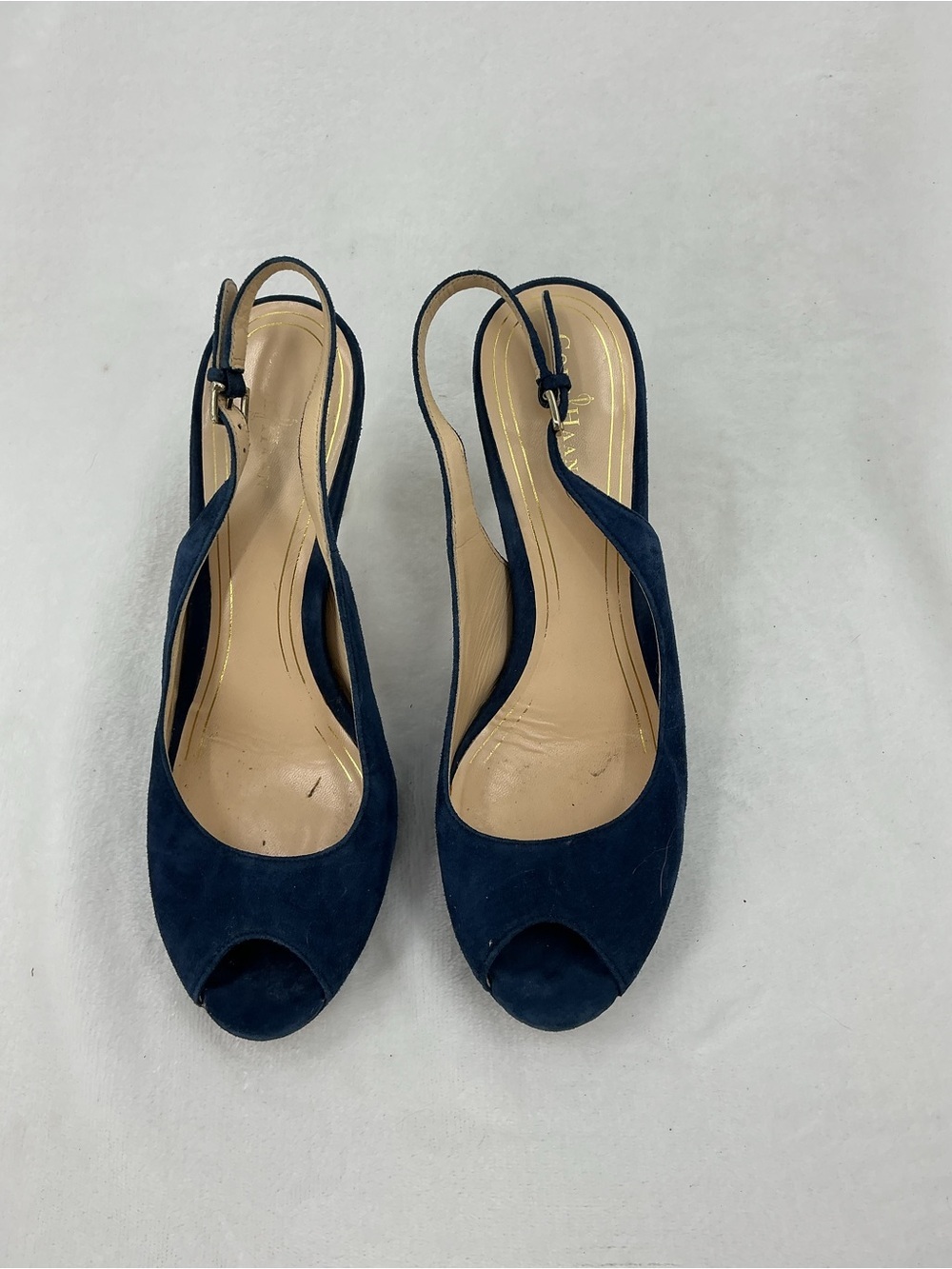 Cole Haan Navy Suede Peep-Toe Slingback Heels b59